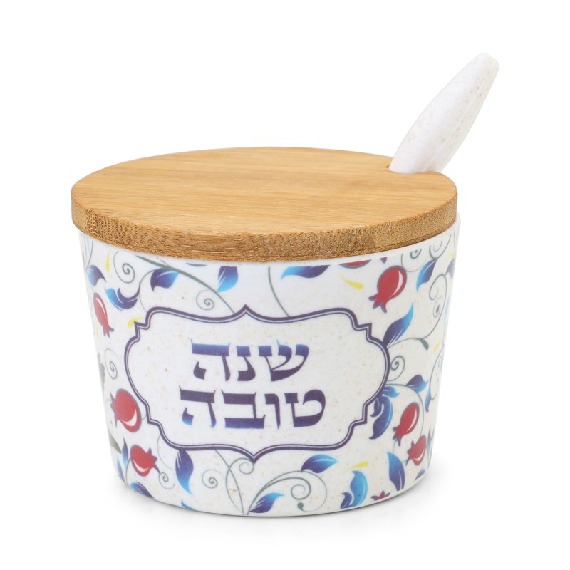 Bamboo Rosh Hashanah Honey Dish with Blue Leaves and Pomegranate Desig